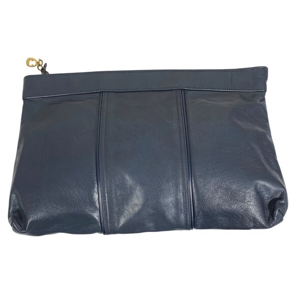 VTG 80s Blue Leather Clutch Handbag Gold Tone Hardware Top Zip Piping - Picture 3 of 9